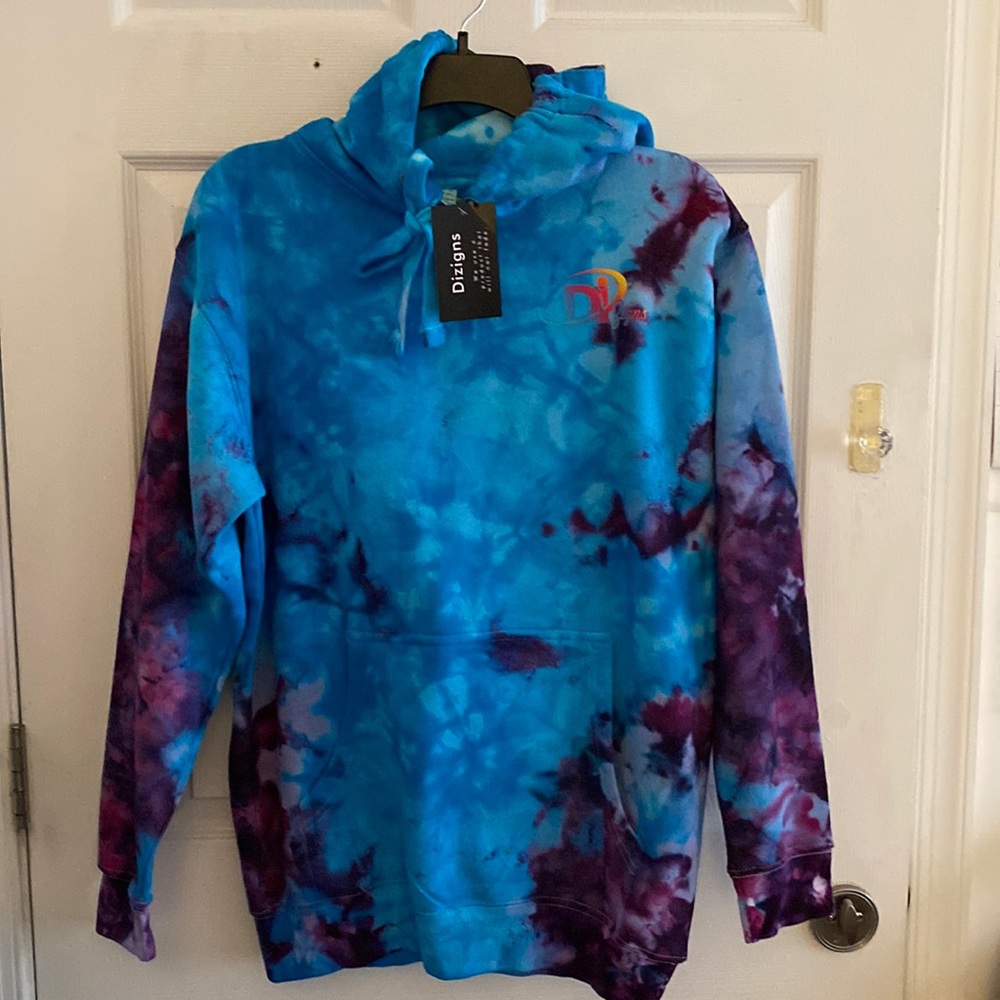Medium, aqua blue and purple sweat hood